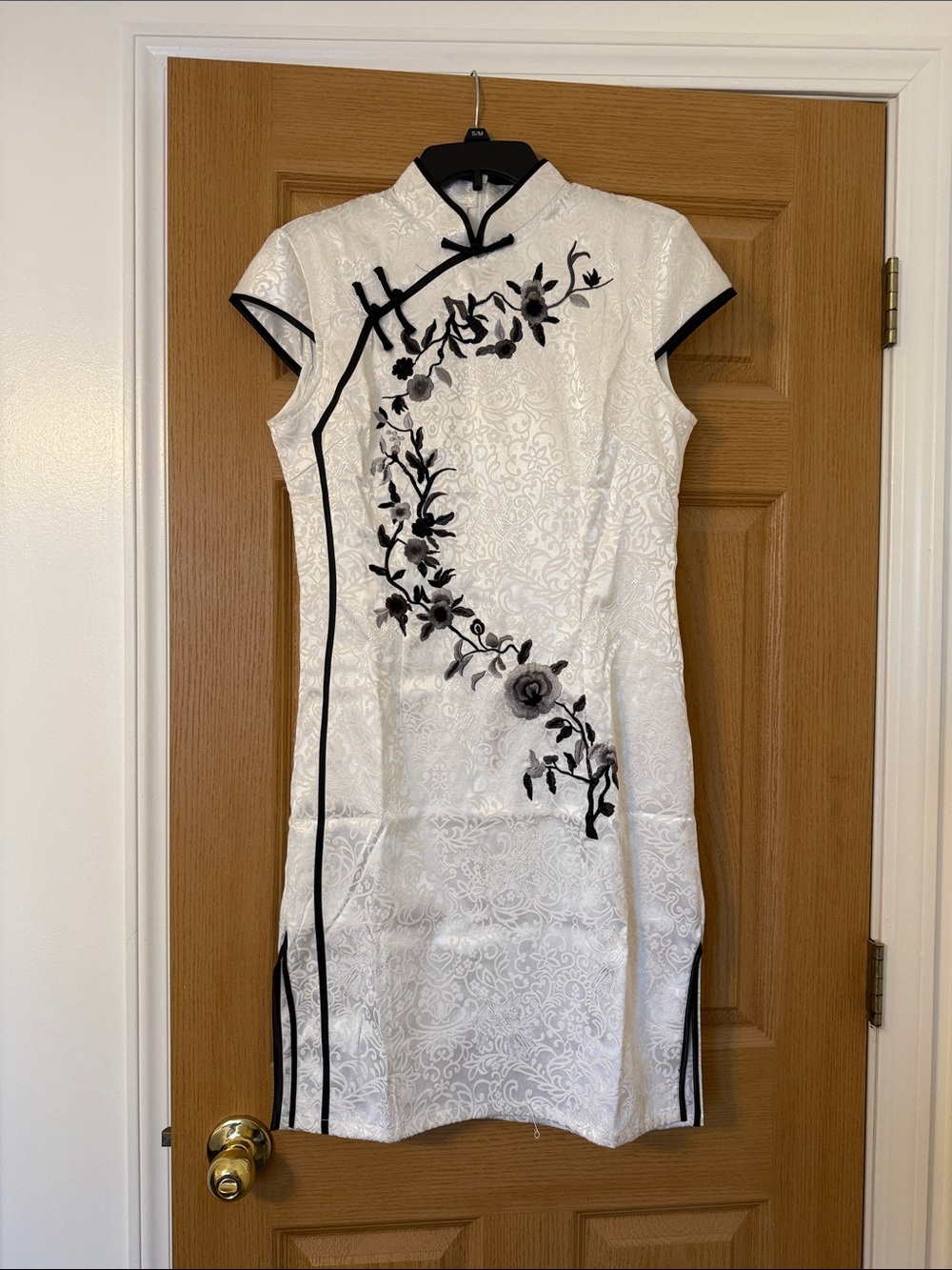 White Cheongsam Dress with Black Floral Embroidery